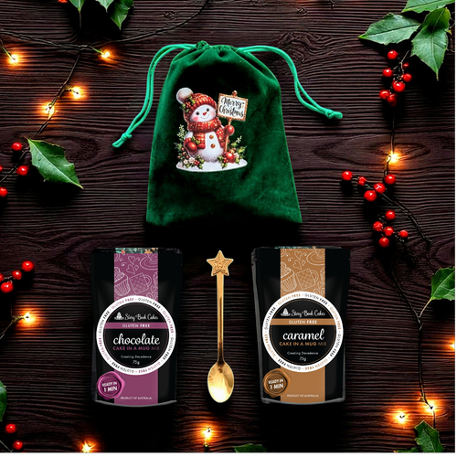 Gluten Free Velvet Christmas Bag with 2 Mud Cake in a mugs + a cute gold spoon
