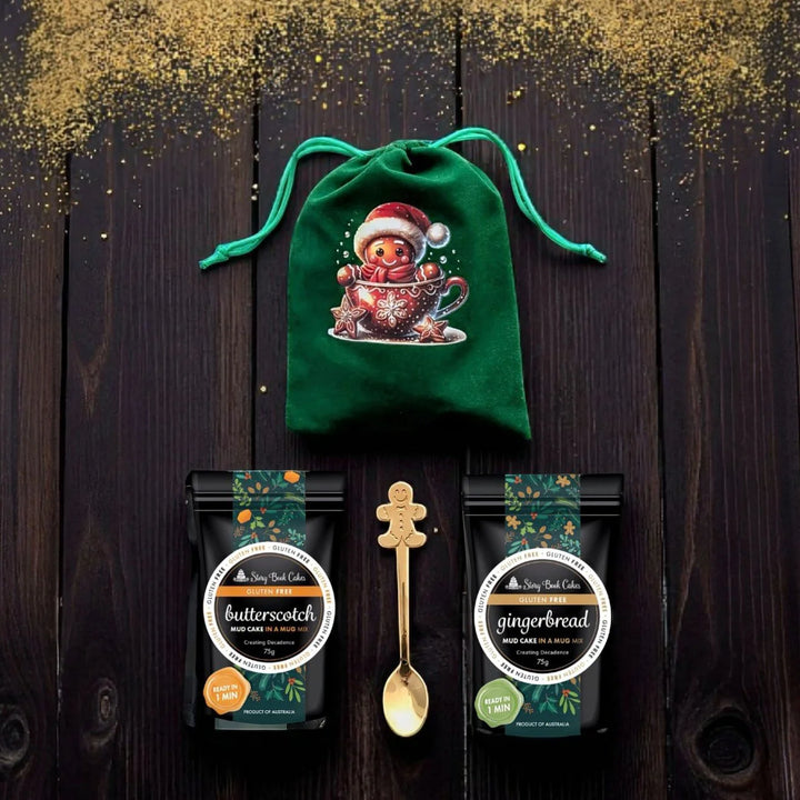Green Gingerbread Man Bag with 2 Christmas Mud Cake in a mugs + a cute gold spoon
