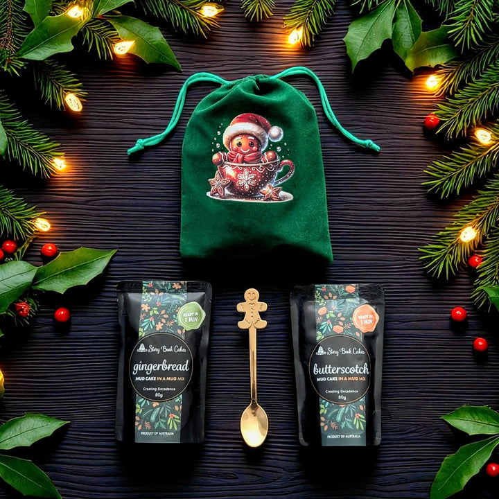 Green Gingerbread Man Bag with 2 Christmas Mud Cake in a mugs + a cute gold spoon