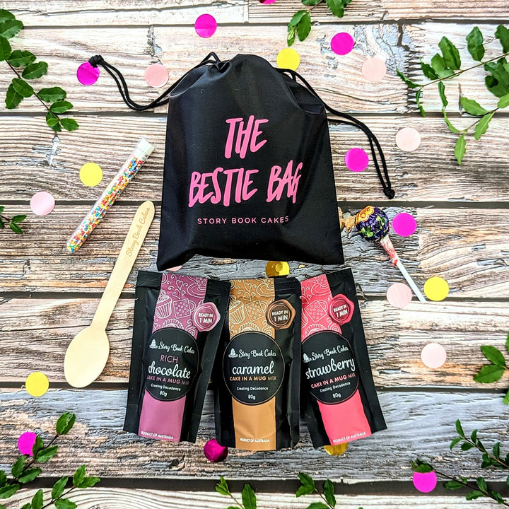 The Bestie Bag -  3 x Cake in a mug, Spoon, Tube of sprinkles & a Lollipop