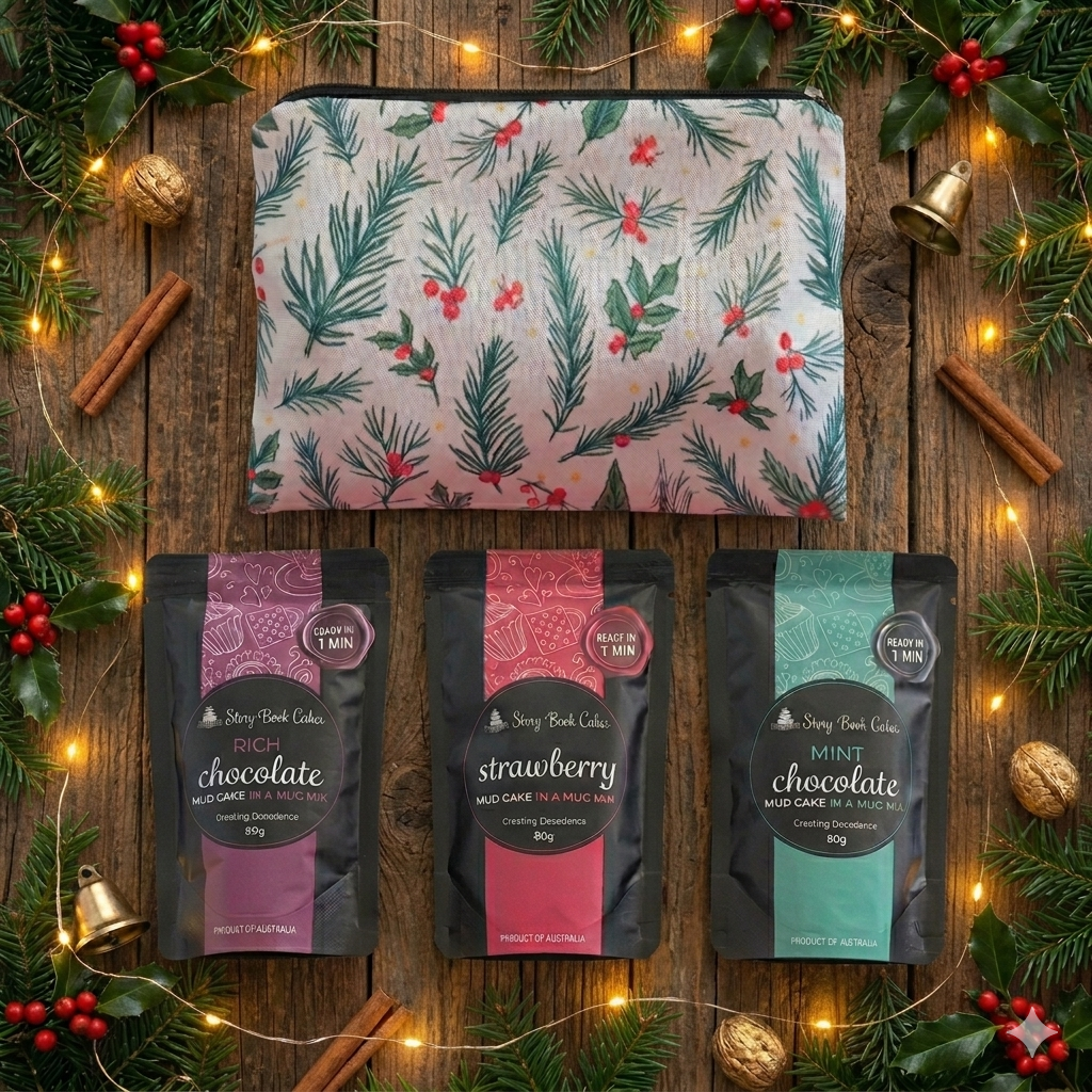 Holly and Pine Zip Up Gift Bag Set - 3 x Mud Cake in a Mugs, Pick your own flavours