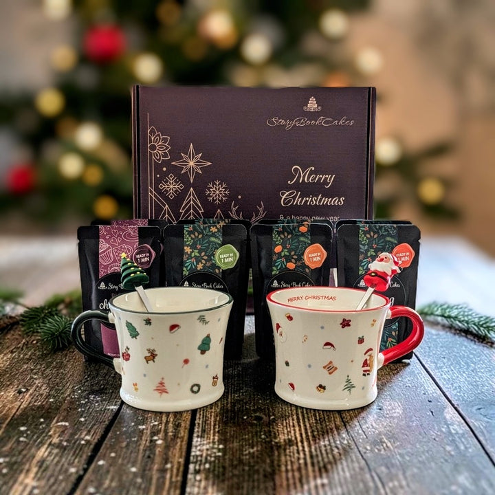 Luxury Christmas Duo Gift Box with 2 x Christmas Mugs & Spoons & 8 x Mud Cake in a Mug