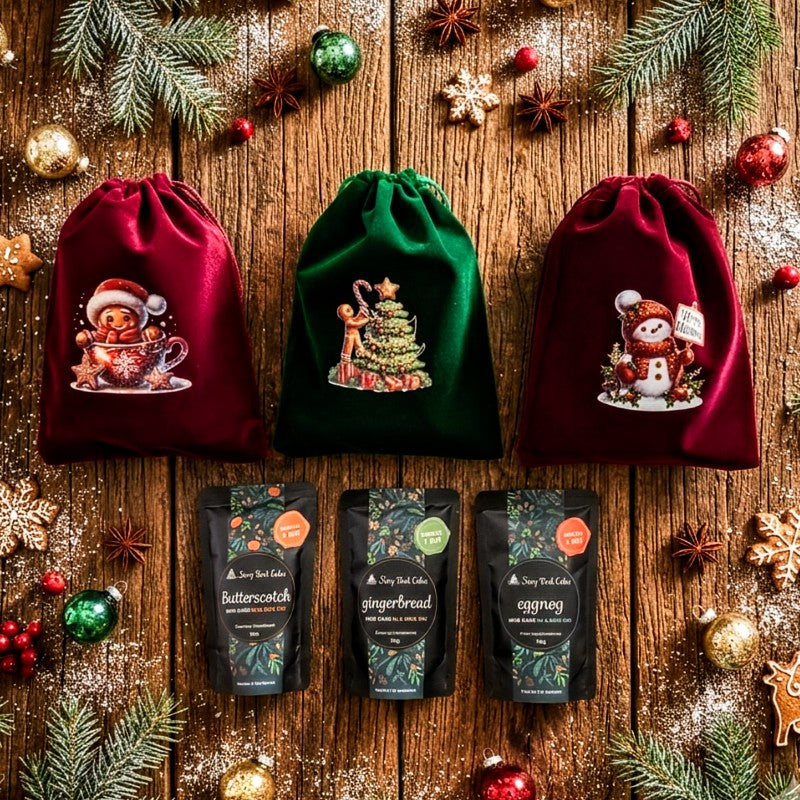 Burgundy & Green Velvet Christmas gift bag with 3 x Mud Cake in a Mug