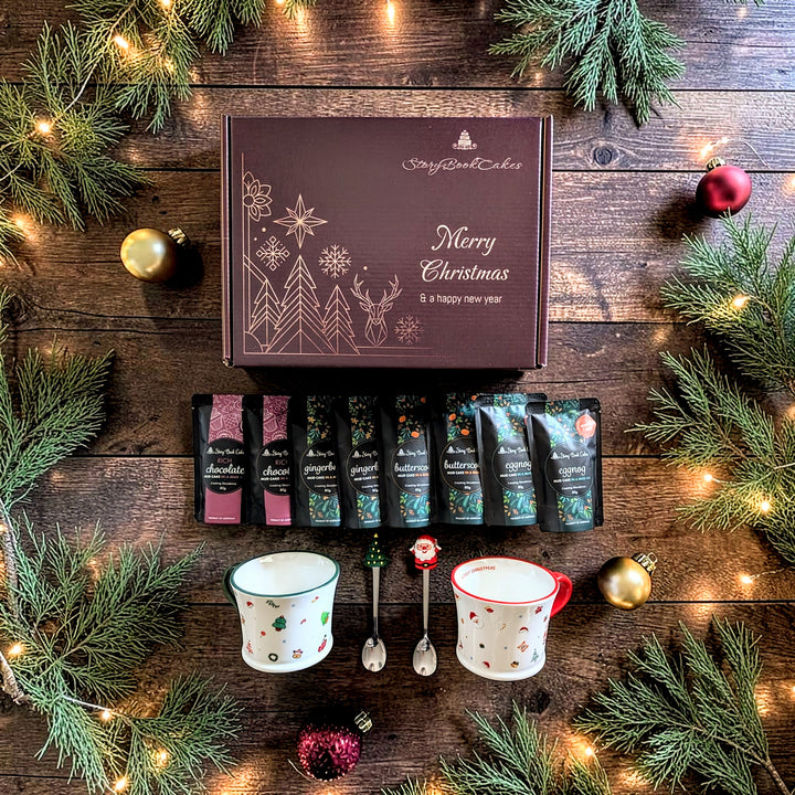 Luxury Christmas Duo Gift Box with 2 x Christmas Mugs & Spoons & 8 x Mud Cake in a Mug