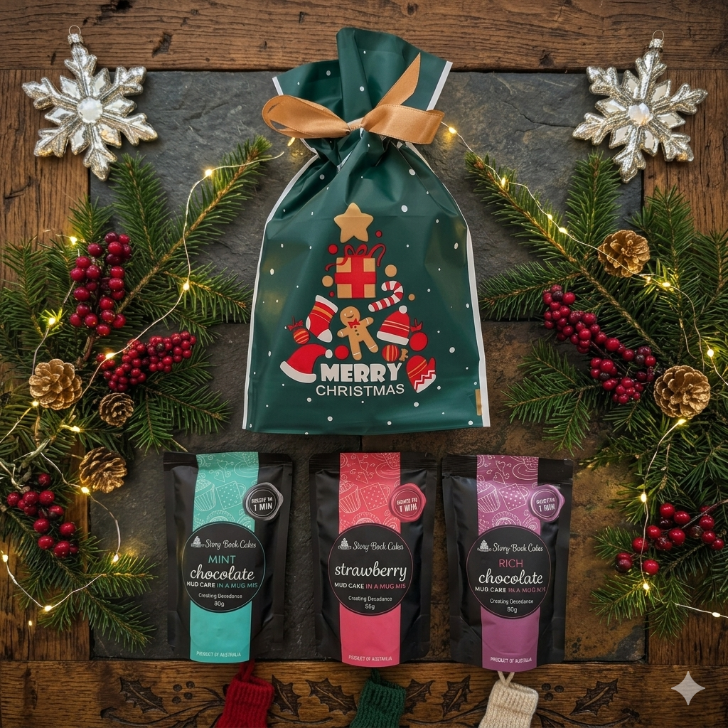 Christmas gift bag with Gold Bows and 3 x Mud Cake in a Mug