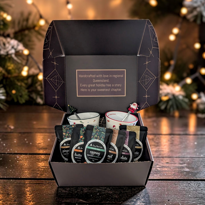 Gluten Free Luxury Christmas Duo Gift Box with 2 x Christmas Mugs & Spoons & 6 x Mud Cake in a Mug