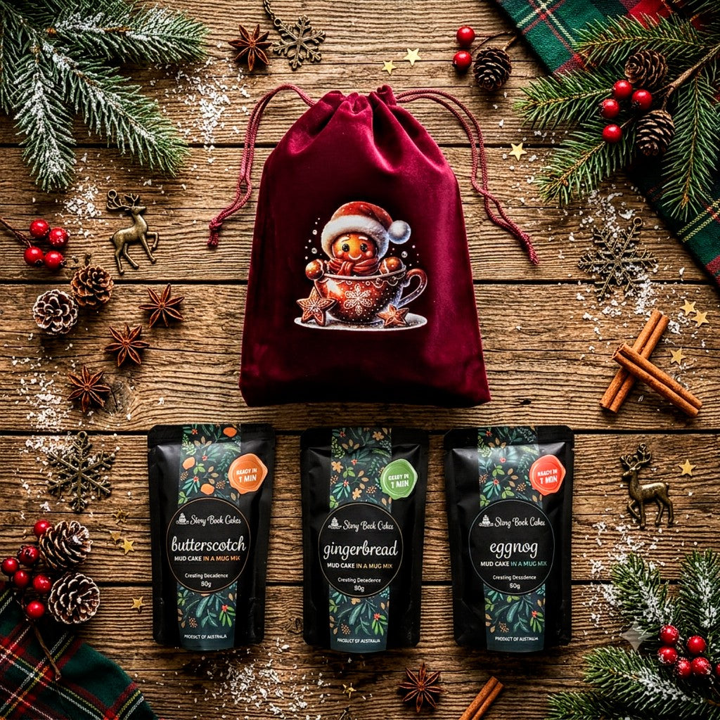 Burgundy & Green Velvet Christmas gift bag with 3 x Mud Cake in a Mug