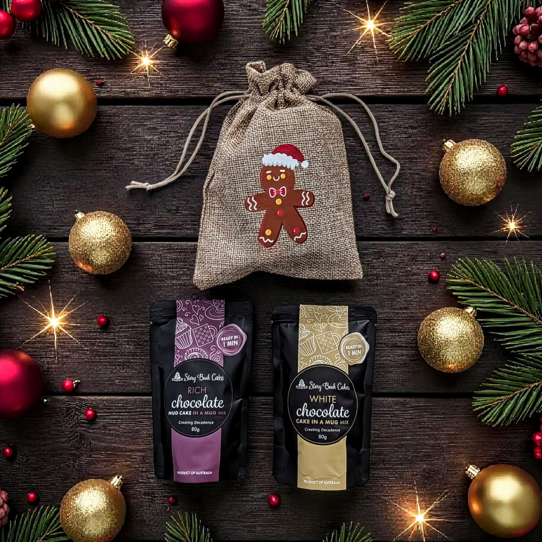 Burlap Christmas gift bag with 2 x Mud Cake in a Mug