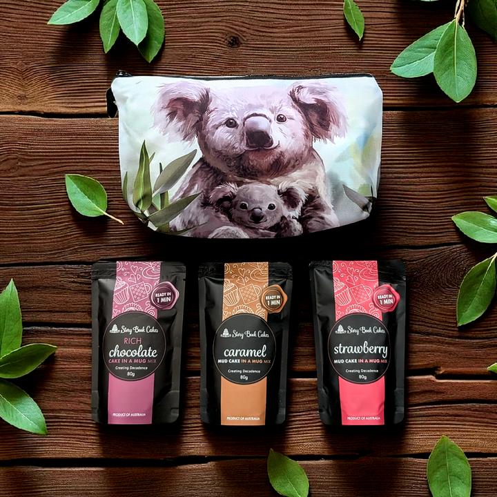 Cuddly Koala Zip Up Gift Bag Set - 3 x Mud Cake in a Mugs, Pick your own flavours