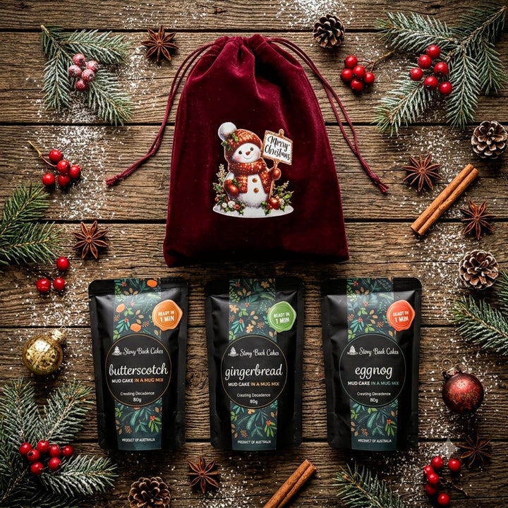 Burgundy & Green Velvet Christmas gift bag with 3 x Mud Cake in a Mug