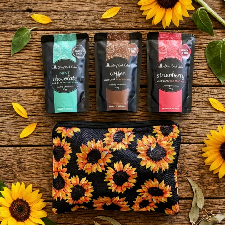 Sunflower Zip Up Gift Bag Set - 3 x Mud Cake in a Mugs, Pick your own flavours