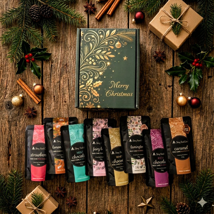 Filigree Gold Gift Box with 8 x Mud Cake in a Mug, hand pick your flavours