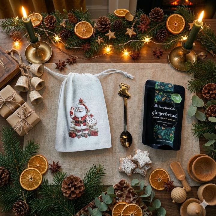 Traditional Christmas Gift Bag with 1  Mud Cake in a Mug + a Cute Spoon