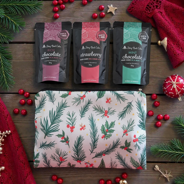 Holly and Pine Zip Up Gift Bag Set - 3 x Mud Cake in a Mugs, Pick your own flavours