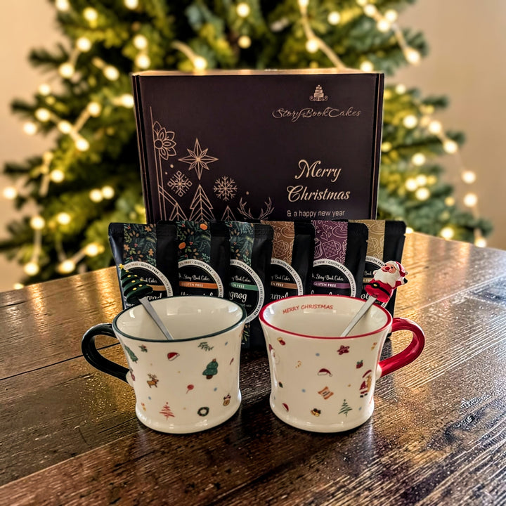 Gluten Free Luxury Christmas Duo Gift Box with 2 x Christmas Mugs & Spoons & 6 x Mud Cake in a Mug