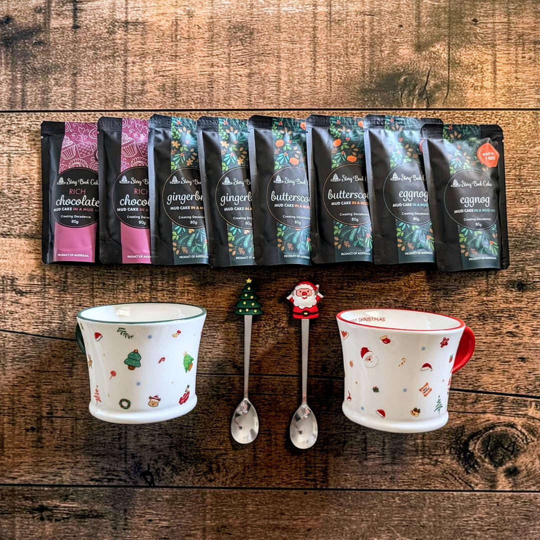 Luxury Christmas Duo Gift Box with 2 x Christmas Mugs & Spoons & 8 x Mud Cake in a Mug