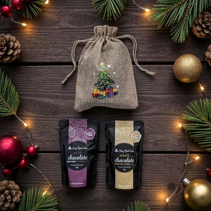 Burlap Christmas gift bag with 2 x Mud Cake in a Mug