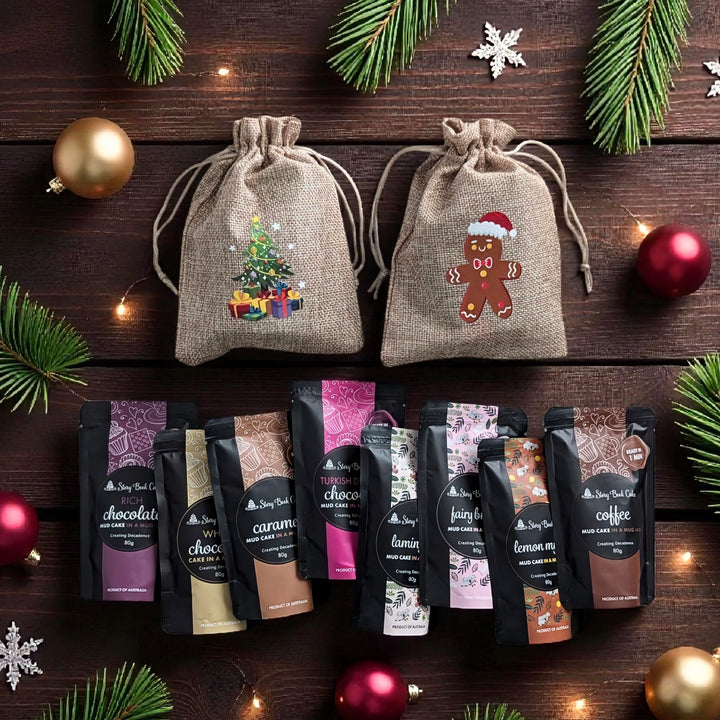 Burlap Christmas gift bag with 2 x Mud Cake in a Mug