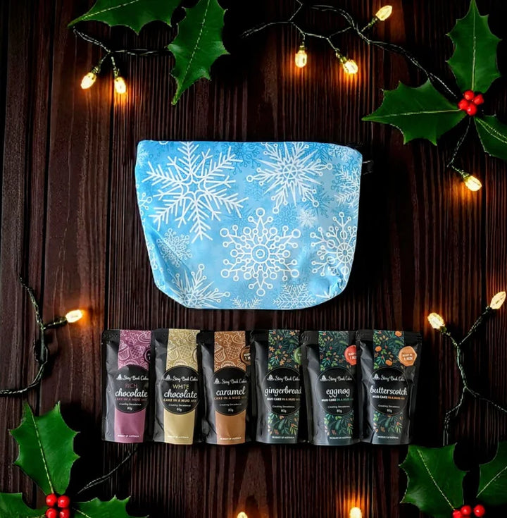 Snow Flake Zip Up Gift Bag Set - 6 x Mud Cake in a Mugs, Pick your own flavours