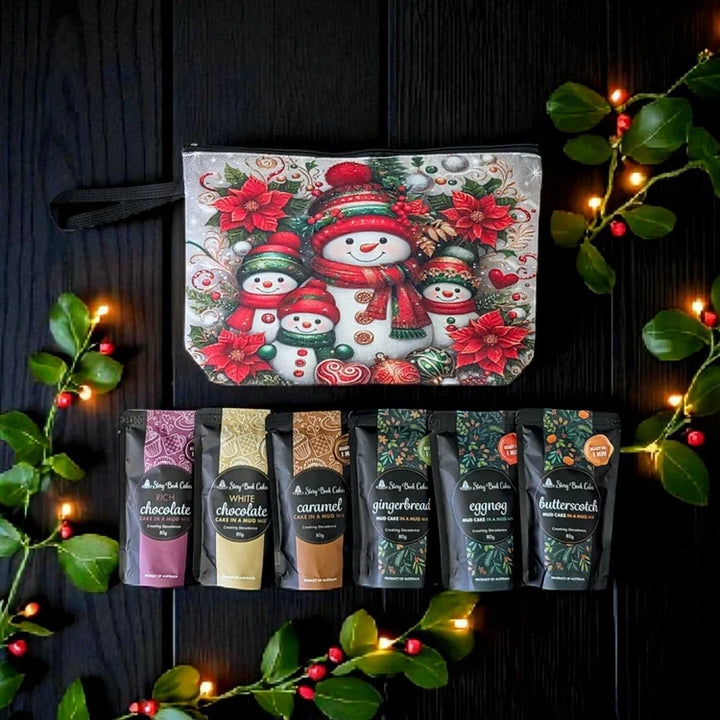 Snowman Zip Up Gift Bag Set - 6 x Mud Cake in a Mugs, Pick your own flavours