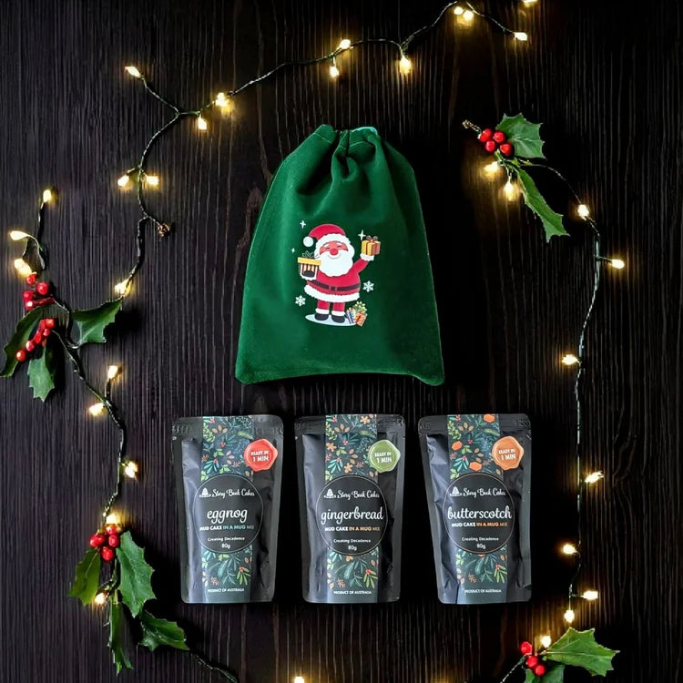 Velvet Christmas gift bag with 3 x Mud Cake in a Mug
