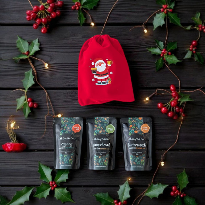 Velvet Christmas gift bag with 3 x Mud Cake in a Mug