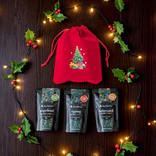 Velvet Christmas gift bag with 3 x Mud Cake in a Mug